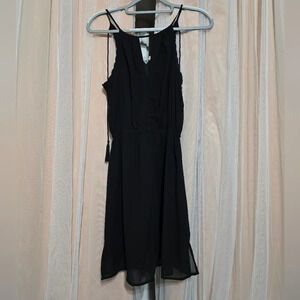 Japna Little Black Chiffon Dress, Cinched Waist, Tassle Rope Ties, Lined, EUC!
